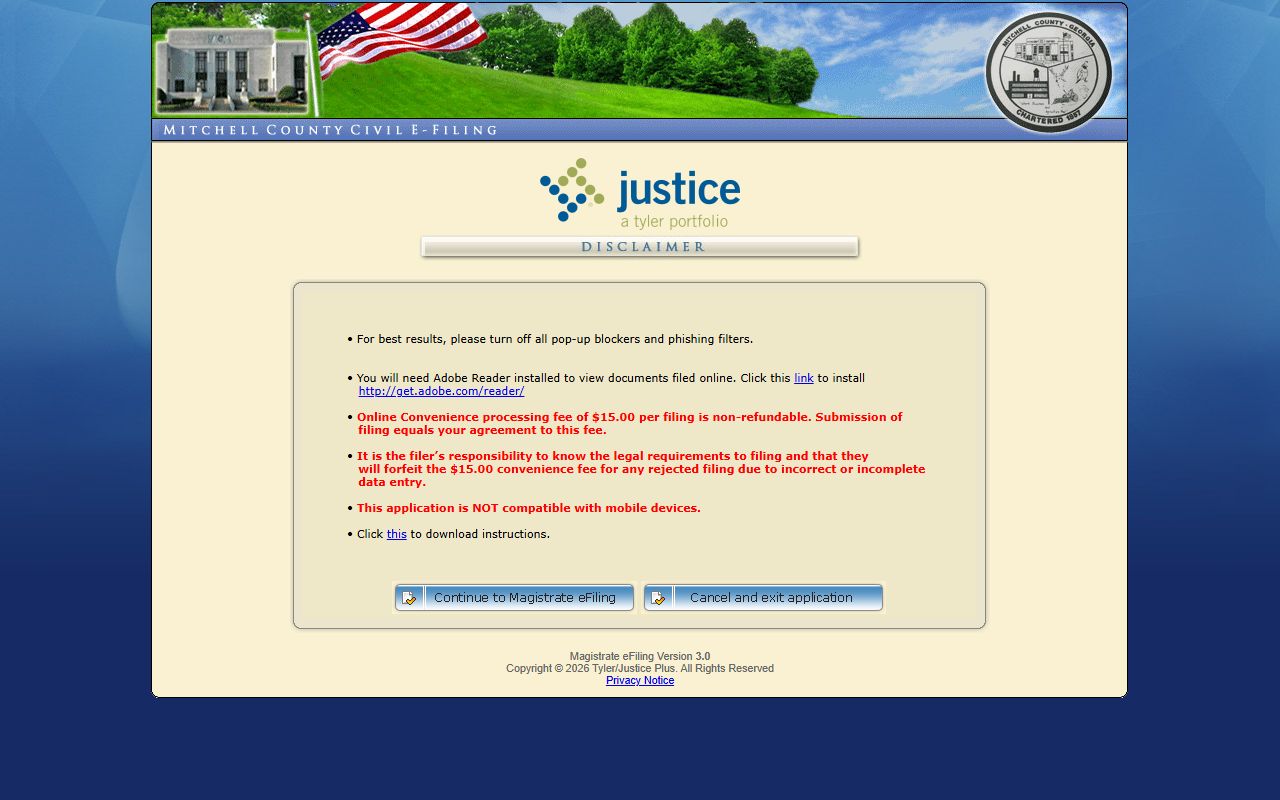 Mitchell County warrant records Magistrate civil e-filing disclaimer